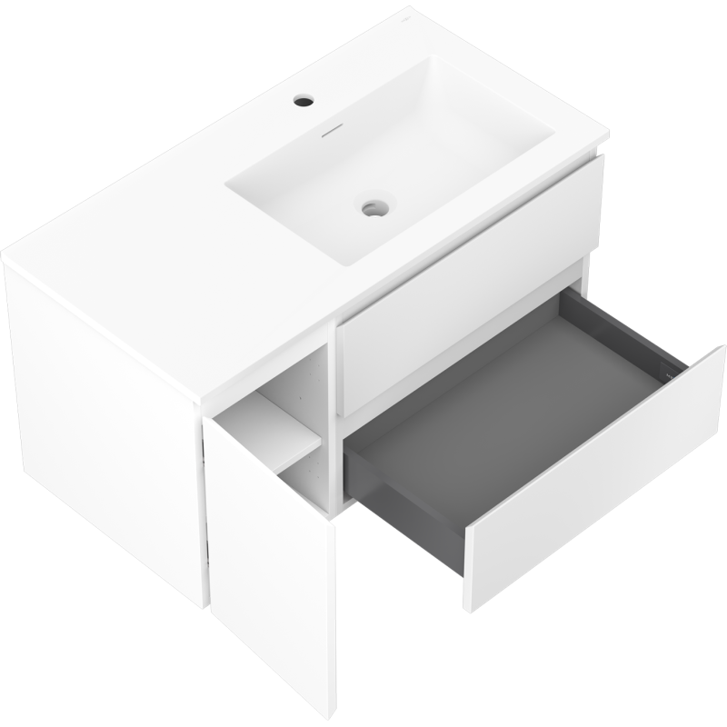 Mexen Orio Badezimmerunterschrank 90 cm mit Waschbecken Otis rechts, 2S, 1D, weiß matt - 91A13-09047-3-BBFFF01-W18P01