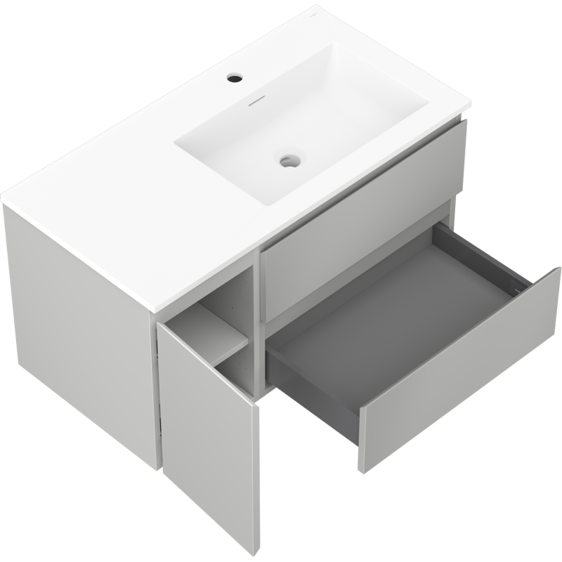 Mexen Orio Badezimmerschrank 90 cm mit Waschbecken Otis rechts, 2S, 1D, grau matt/weiß matt - 91A13-09047-3-BBFFF62-W18P01