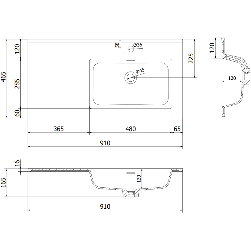 Mexen Orio Badezimmerschrank 90 cm mit Waschbecken Otis rechts, 2S, 1D, grau matt/weiß matt - 91A13-09047-3-BBFFF62-W18P01