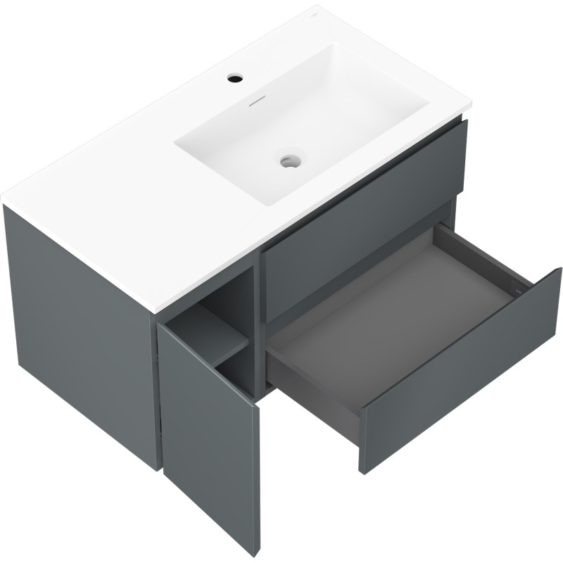 Mexen Orio Badezimmerschrank 90 cm mit Waschbecken Otis rechts, 2S, 1D, grafit matt/weiß matt - 91A13-09047-3-BBFFF66-W18P01
