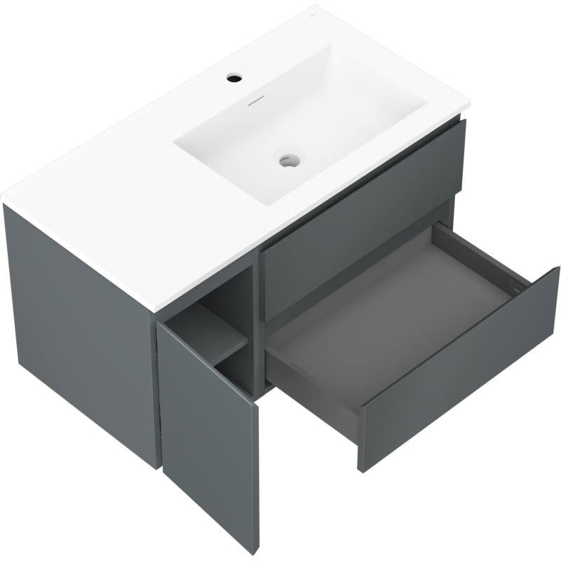 Mexen Orio Badezimmerschrank 90 cm mit Waschbecken Otis rechts, 2S, 1D, Graphit matt/weiß matt - 91A13-09047-3-BBFFF66-W18P01