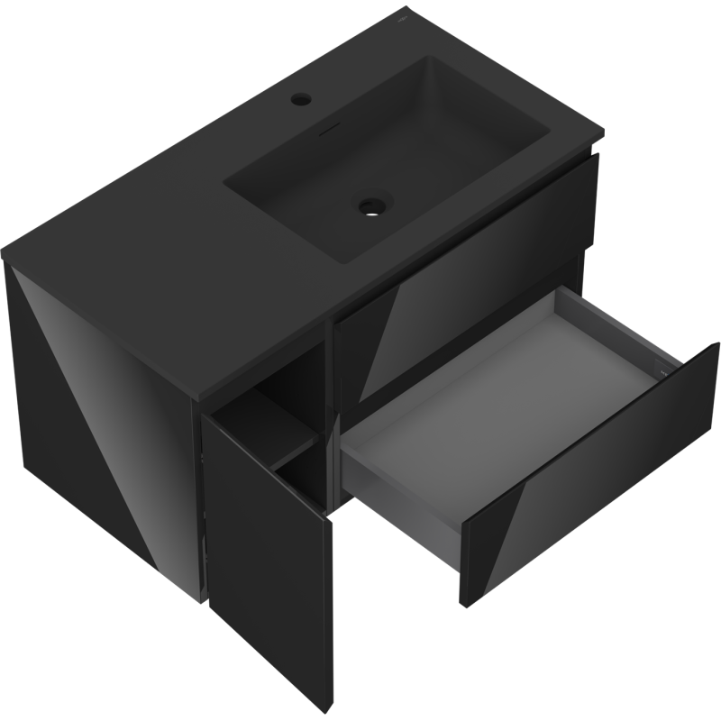 Mexen Orio Badezimmerschrank 90 cm mit Waschbecken Otis rechts, 2S, 1D, schwarz glänzend/schwarz matt