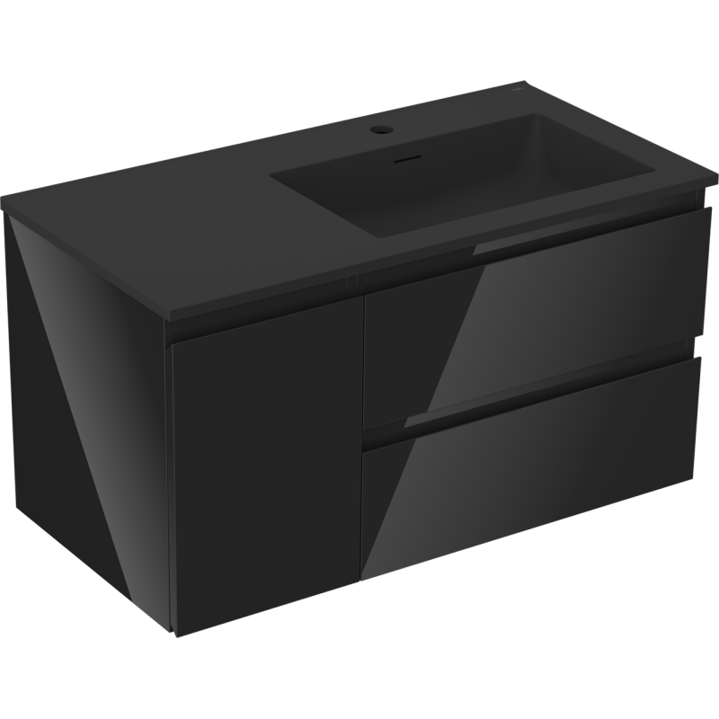 Mexen Orio Badezimmerschrank 90 cm mit Waschbecken Otis rechts, 2S, 1D, schwarz glänzend/schwarz matt
