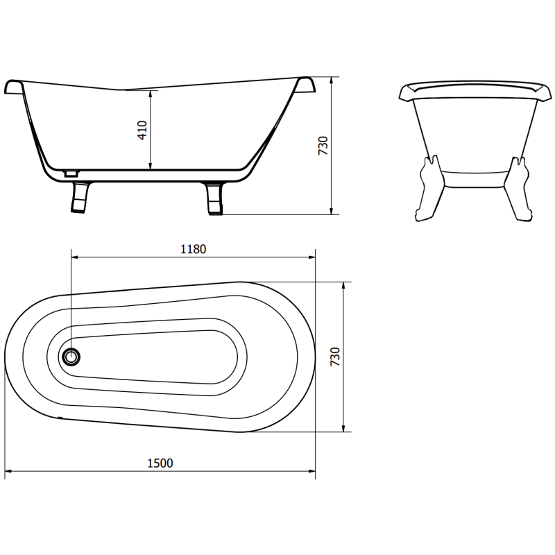 Mexen Retro freistehende Badewanne 150 x 73 cm, weiß, schwarze Beine - 53251507300-70