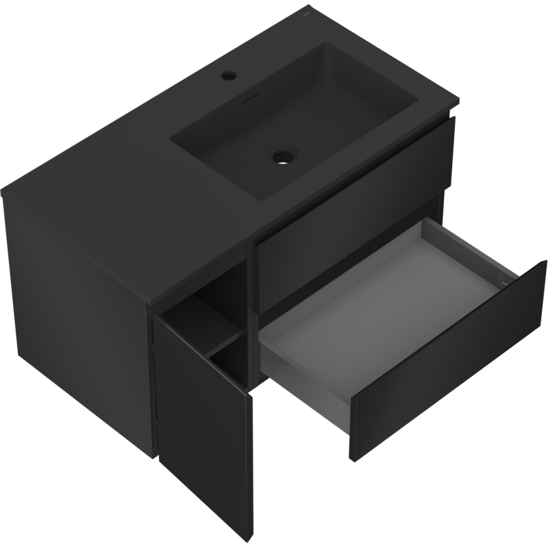 Mexen Orio Badezimmerschrank 90 cm mit Waschbecken Otis rechts, 2S, 1T, schwarz matt - 91A13-09047-3-BBFFF71-W18P71
