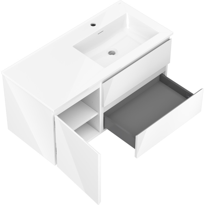 Mexen Orio Badezimmerschrank 100 cm mit Waschbecken Otis rechts, 2S, 1D, weiß glänzend - 91A13-10047-3-BBFFF00-W18P00