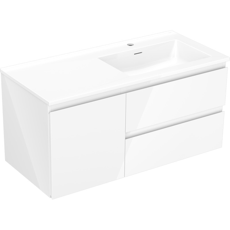 Mexen Orio Badezimmerschrank 100 cm mit Waschbecken Otis rechts, 2S, 1D, weiß glänzend - 91A13-10047-3-BBFFF00-W18P00