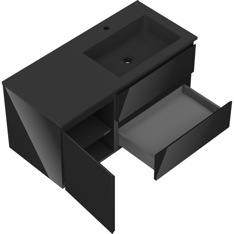 Mexen Orio Badezimmerschrank 100 cm mit Waschbecken Otis rechts, 2S, 1D, schwarz glänzend/schwarz matt