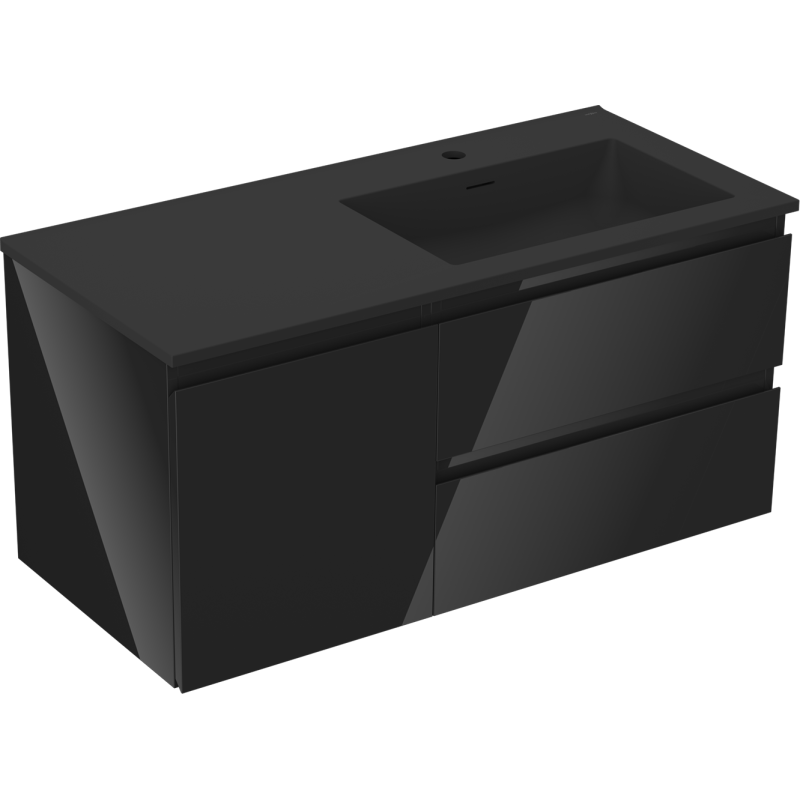 Mexen Orio Badezimmerschrank 100 cm mit Waschbecken Otis rechts, 2S, 1D, schwarz glänzend/schwarz matt
