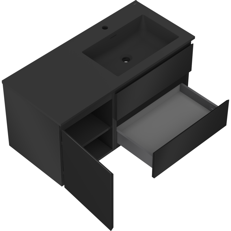 Mexen Orio Badezimmerschrank 100 cm mit Waschbecken Otis rechts, 2S, 1D, schwarz matt - 91A13-10047-3-BBFFF71-W18P71