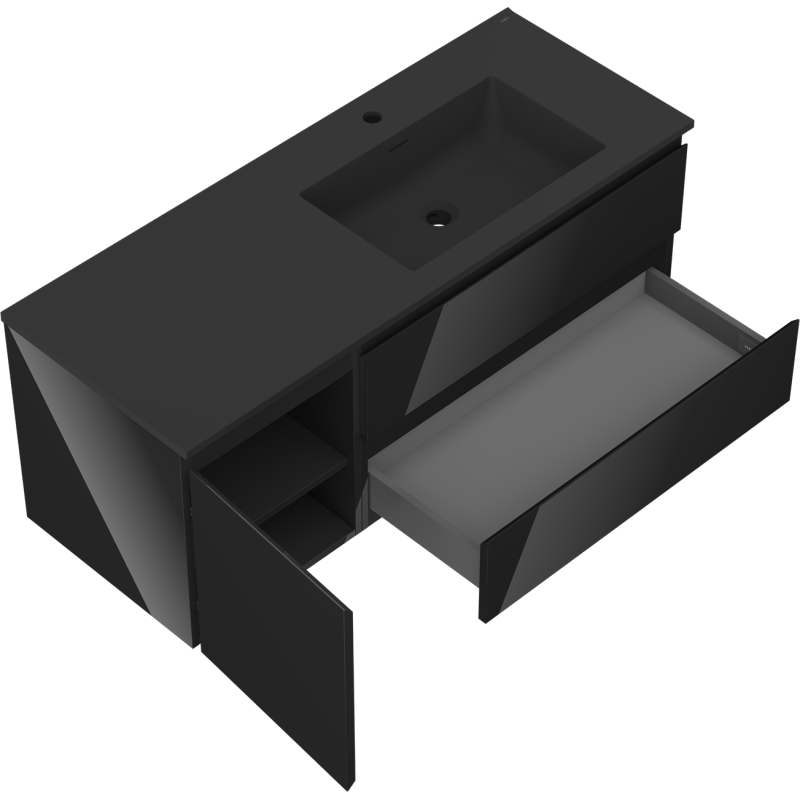 Mexen Orio Badezimmerschrank 120 cm mit Waschbecken Otis rechts, 2S, 1D, schwarz glänzend/schwarz matt