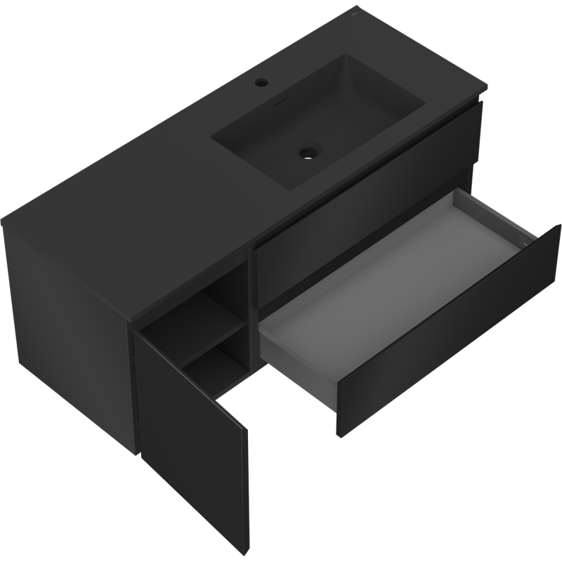 Mexen Orio Badezimmerschrank 120 cm mit Waschbecken Otis rechts, 2S, 1D, schwarz matt - 91A13-12047-3-BBFFF71-W18P71