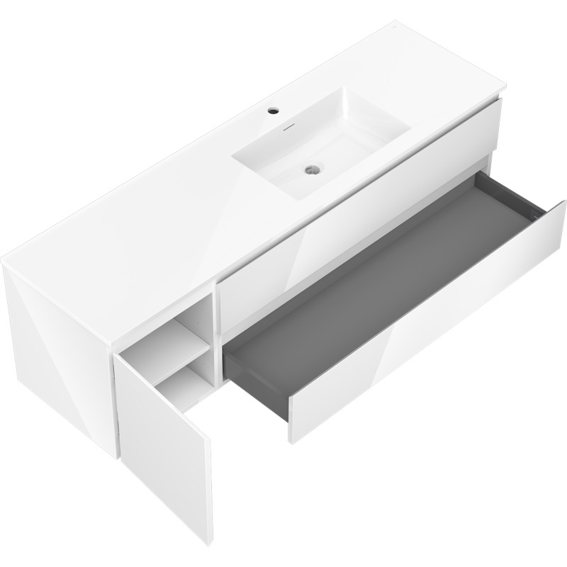 Mexen Orio 160 cm Badezimmerunterschrank mit Otis-Waschtisch rechts, 2 Schubladen, 1 Tür, weiß glänzend