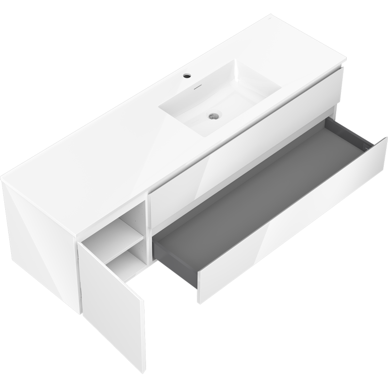 Mexen Orio Badezimmerschrank 160 cm mit Waschbecken Otis rechts, 2S, 1D, weiß glänzend - 91A13-16047-3-BBFFF00-W18P00