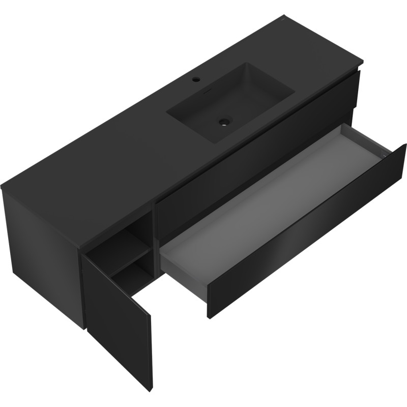 Mexen Orio Badezimmerschrank 160 cm mit Waschbecken Otis rechts, 2S, 1D, schwarz matt - 91A13-16047-3-BBFFF71-W18P71