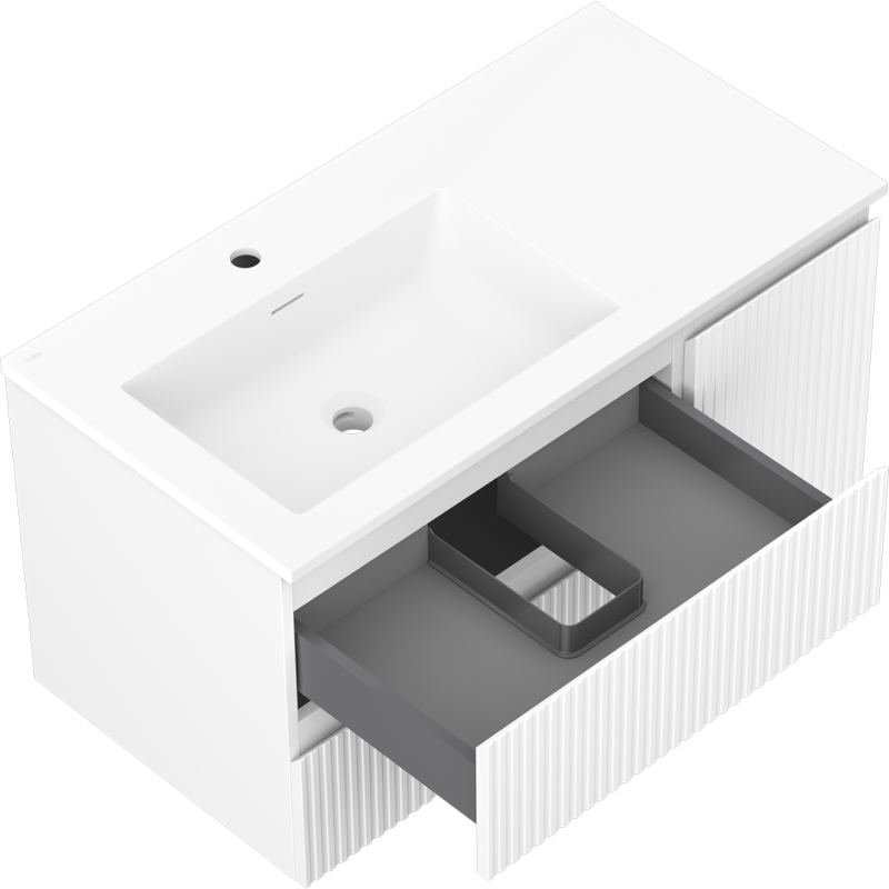 Mexen Rivel Badezimmerschrank 90 cm mit linkem Waschbecken Otis, 2S, 1D, gerillt, weiß matt - 91A23-09047-3-BBFFF01-W18L01