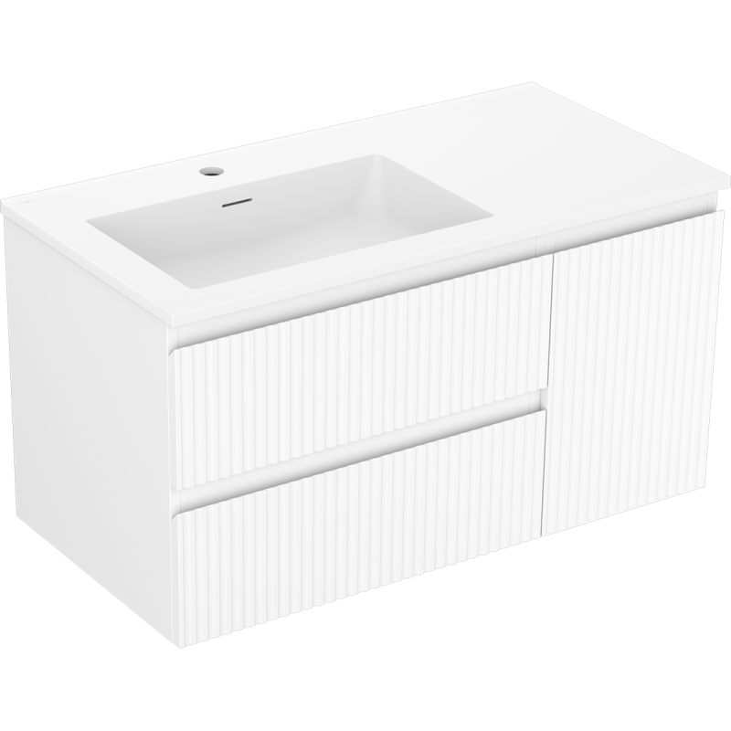 Mexen Rivel Badezimmerschrank 90 cm mit linkem Waschbecken Otis, 2S, 1D, gerillt, weiß matt - 91A23-09047-3-BBFFF01-W18L01