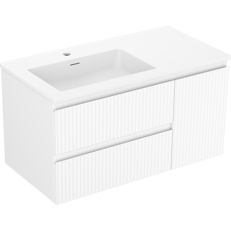 Mexen Rivel Badezimmerschrank 90 cm mit Waschbecken Otis links, 2S, 1T, geriffelt, weiß matt - 91A23-09047-3-BBFFF01-W18L01