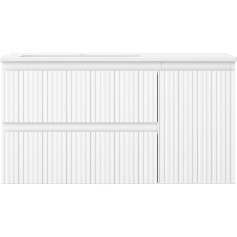 Mexen Rivel Badezimmerschrank 90 cm mit linkem Waschbecken Otis, 2S, 1D, gerillt, weiß matt - 91A23-09047-3-BBFFF01-W18L01