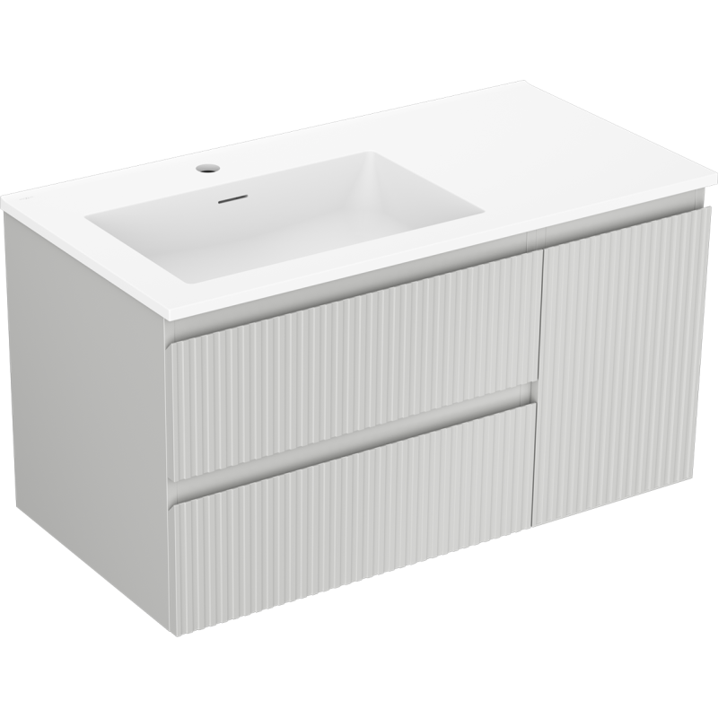 Mexen Rivel Badezimmerschrank 90 cm mit Waschbecken Otis links, 2S, 1D, gerillt, grau matt/weiß matt