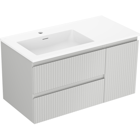 Mexen Rivel Badezimmerschrank 90 cm mit Waschbecken Otis links, 2S, 1D, gerillt, grau matt/weiß matt