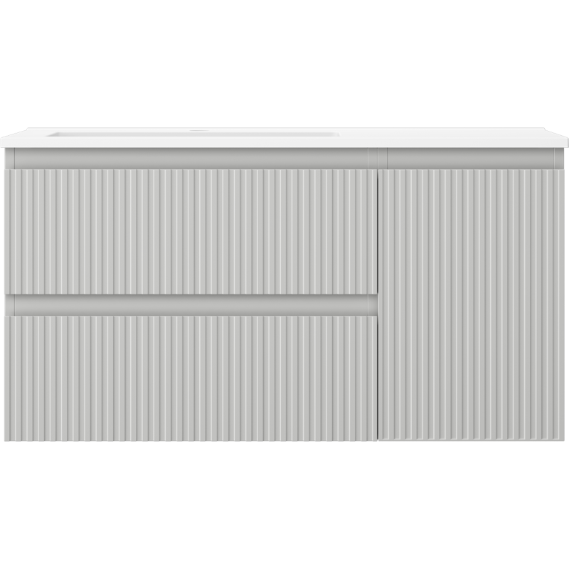 Mexen Rivel Badezimmerschrank 90 cm mit Waschbecken Otis links, 2S, 1D, gerillt, grau matt/weiß matt