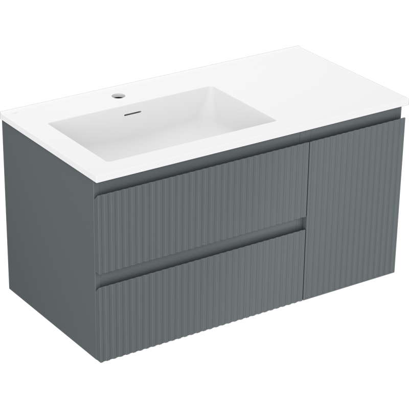Mexen Rivel Badezimmerschrank 90 cm mit Waschbecken Otis links, 2S, 1D, gerillt, Graphit Matt/Weiß Matt