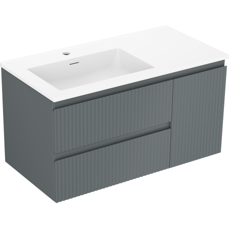 Mexen Rivel Badezimmerschrank 90 cm mit Waschbecken Otis links, 2S, 1D, gerillt, Graphit Matt/Weiß Matt