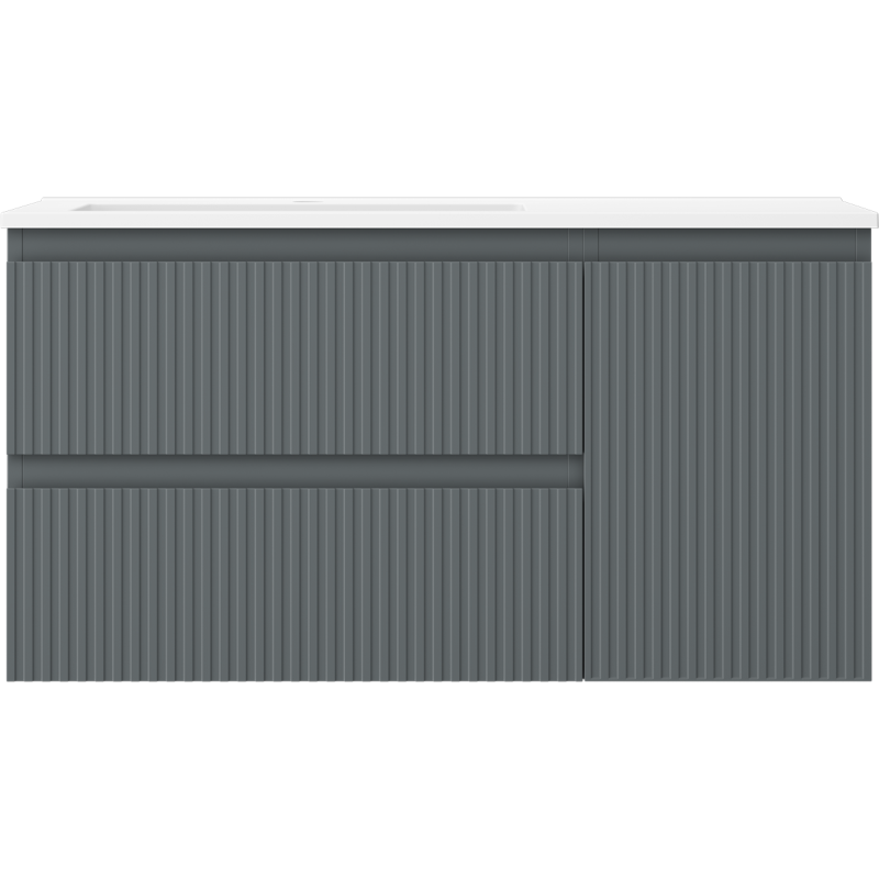 Mexen Rivel Badezimmerschrank 90 cm mit Waschbecken Otis links, 2S, 1D, gerillt, Graphit Matt/Weiß Matt