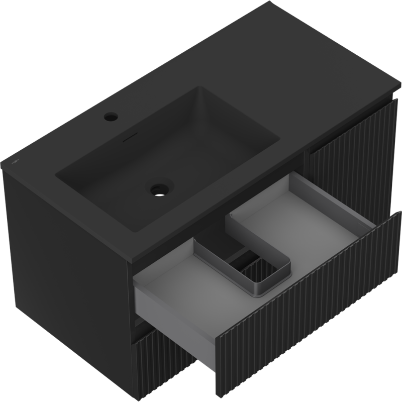 Mexen Rivel Badezimmerschrank 90 cm mit Otis Waschbecken links, 2S, 1T, gerillt, schwarz matt - 91A23-09047-3-BBFFF71-W18L71