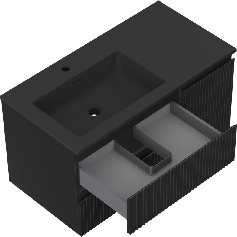 Mexen Rivel Badezimmerschrank 90 cm mit Waschbecken Otis links, 2S, 1D, geriffelt, schwarz matt - 91A23-09047-3-BBFFF71-W18L71