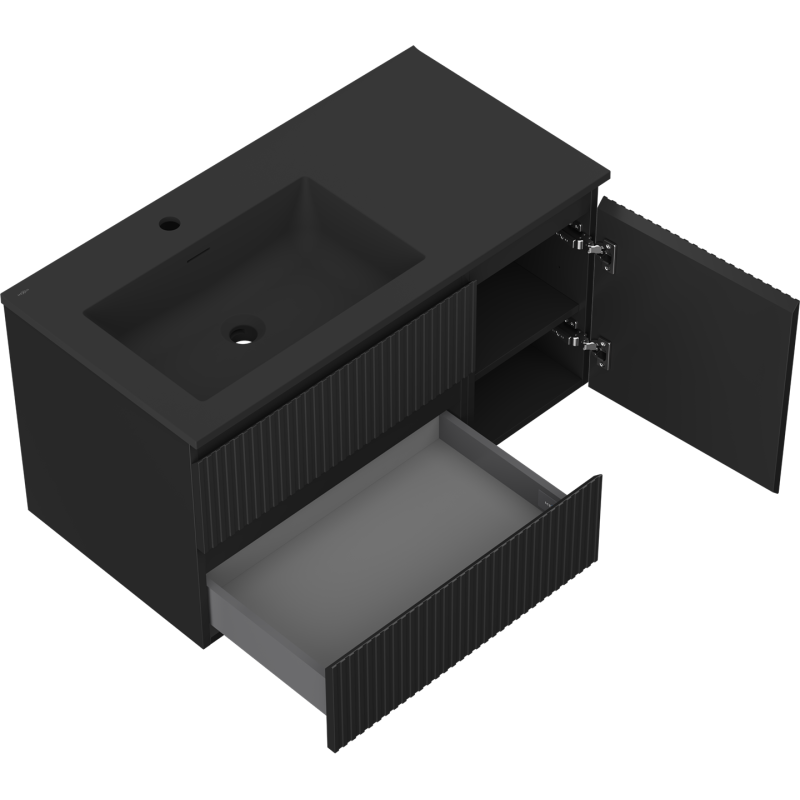 Mexen Rivel Badezimmerschrank 90 cm mit Otis Waschbecken links, 2S, 1T, gerillt, schwarz matt - 91A23-09047-3-BBFFF71-W18L71