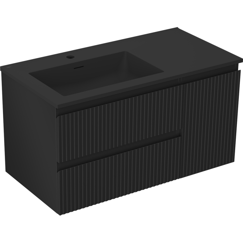Mexen Rivel Badezimmerschrank 90 cm mit Otis Waschbecken links, 2S, 1T, gerillt, schwarz matt - 91A23-09047-3-BBFFF71-W18L71