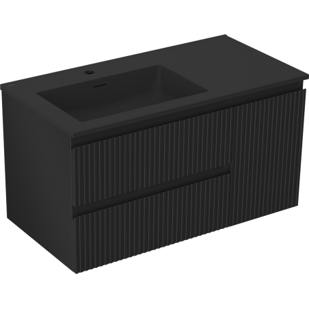 Mexen Rivel Badezimmerschrank 90 cm mit Otis Waschbecken links, 2S, 1T, gerillt, schwarz matt - 91A23-09047-3-BBFFF71-W18L71