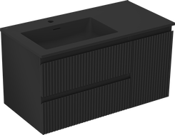 Mexen Rivel Badezimmerschrank 90 cm mit Waschbecken Otis links, 2S, 1D, geriffelt, schwarz matt - 91A23-09047-3-BBFFF71-W18L71