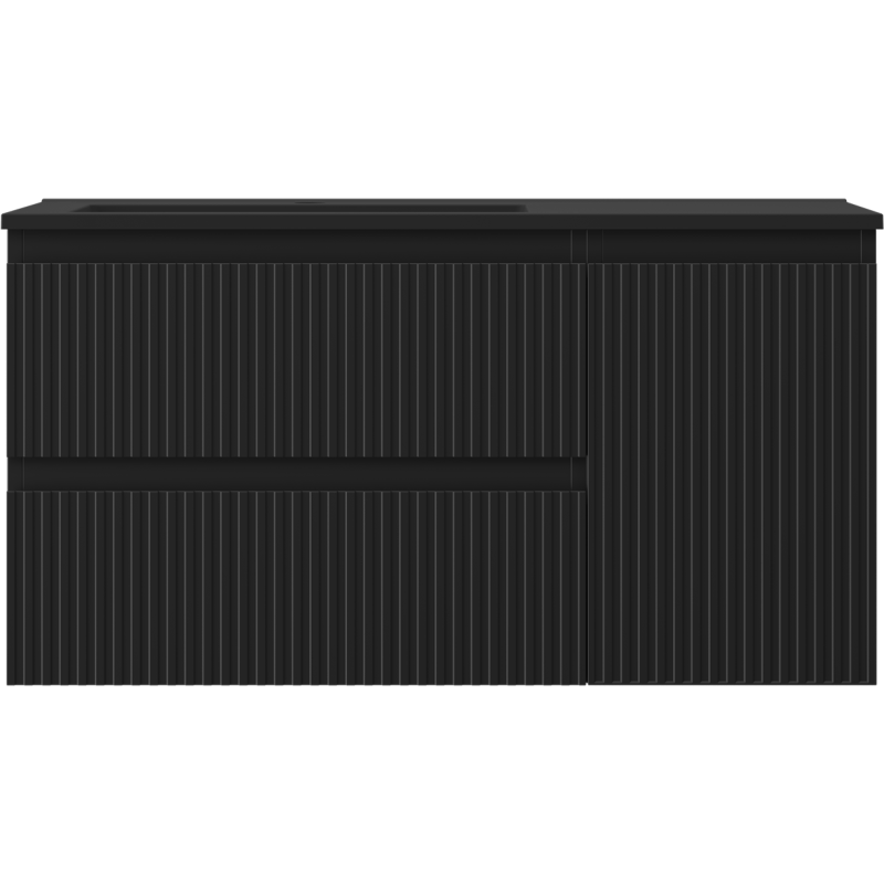 Mexen Rivel Badezimmerschrank 90 cm mit Otis Waschbecken links, 2S, 1T, gerillt, schwarz matt - 91A23-09047-3-BBFFF71-W18L71