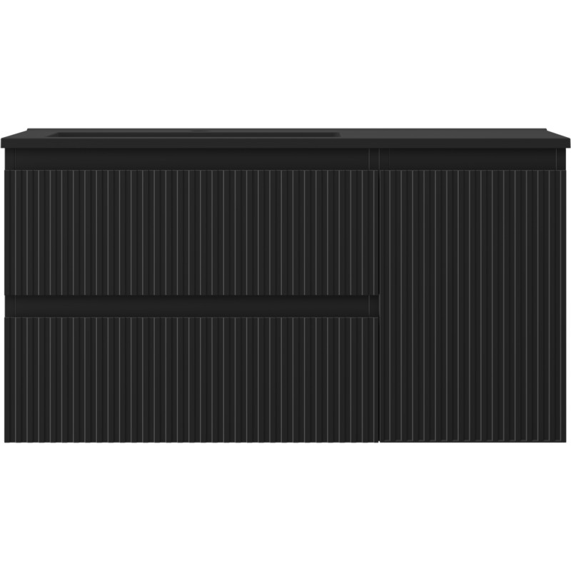 Mexen Rivel Badezimmerschrank 90 cm mit Waschbecken Otis links, 2S, 1D, geriffelt, schwarz matt - 91A23-09047-3-BBFFF71-W18L71
