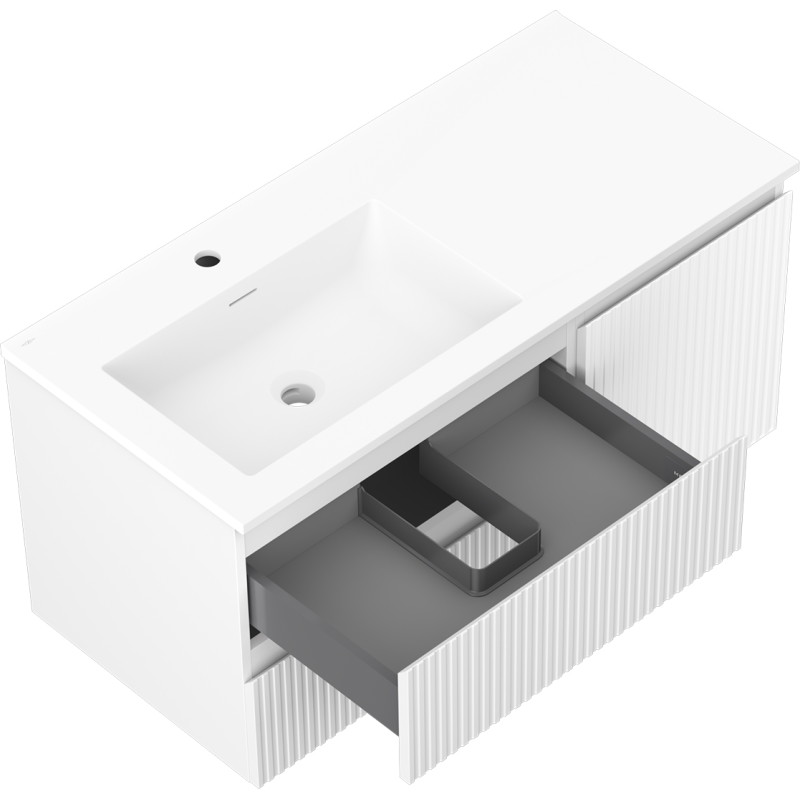Mexen Rivel Badezimmerschrank 100 cm mit Waschbecken Otis links, 2S, 1T, gerippt, weiß matt - 91A23-10047-3-BBFFF01-W18L01
