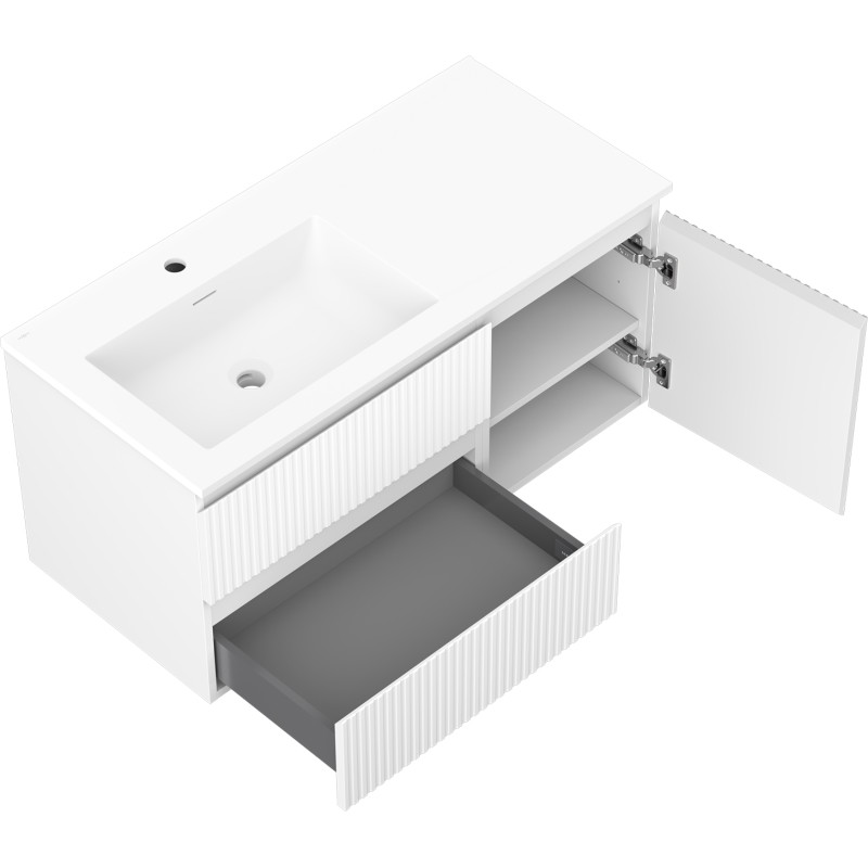 Mexen Rivel Badezimmerschrank 100 cm mit Waschbecken Otis links, 2S, 1T, gerippt, weiß matt - 91A23-10047-3-BBFFF01-W18L01
