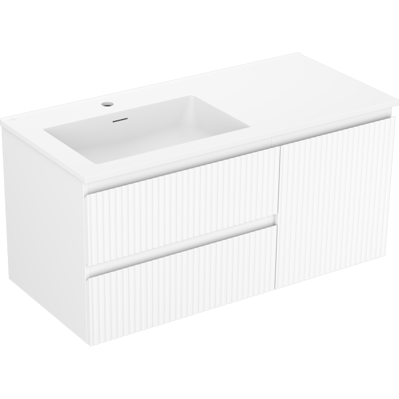 Mexen Rivel Badezimmerschrank 100 cm mit Waschbecken Otis links, 2S, 1D, geriffelt, weiß matt - 91A23-10047-3-BBFFF01-W18L01