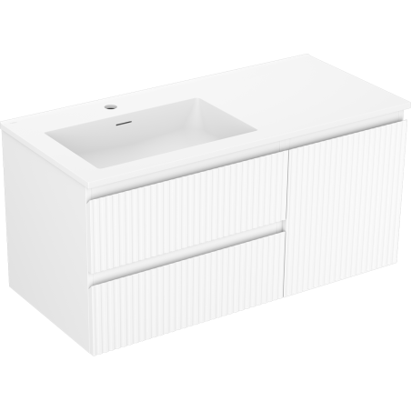 Mexen Rivel Badezimmerschrank 100 cm mit Waschbecken Otis links, 2S, 1D, geriffelt, weiß matt - 91A23-10047-3-BBFFF01-W18L01