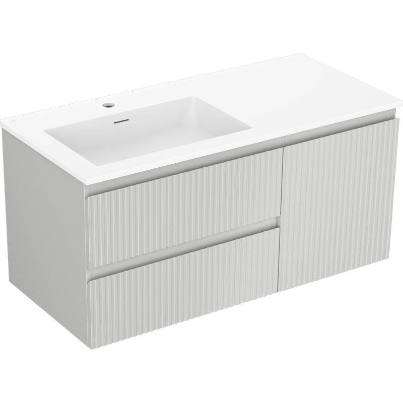 Mexen Rivel Badezimmerschrank 100 cm mit linkem Waschbecken Otis, 2S, 1D, geriffelt, grau matt/weiß matt