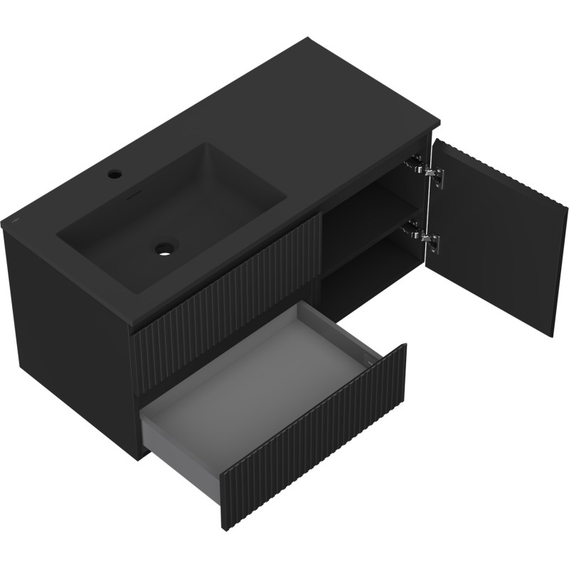 Mexen Rivel Badezimmerschrank 100 cm mit Waschbecken Otis links, 2S, 1T, geriffelt, schwarz matt - 91A23-10047-3-BBFFF71-W18L71