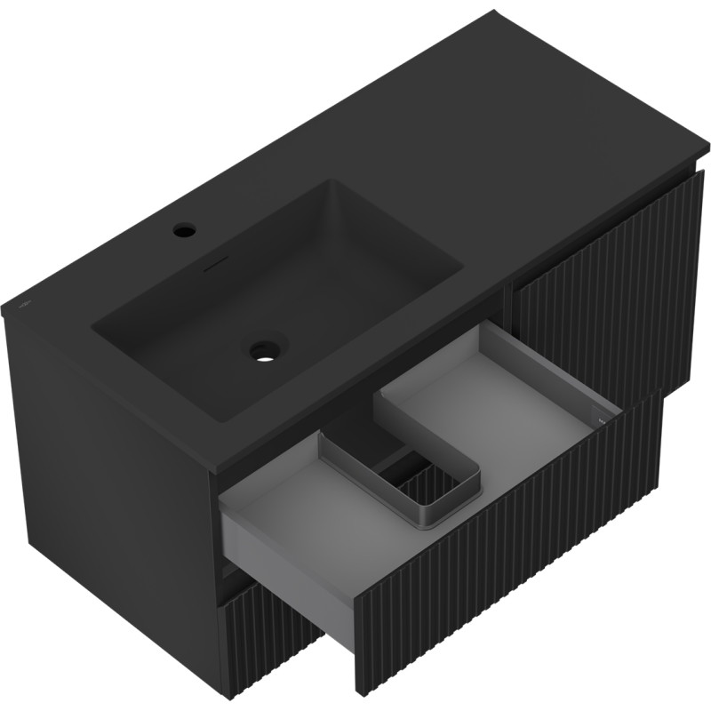 Mexen Rivel Badezimmerschrank 100 cm mit Waschbecken Otis links, 2S, 1T, geriffelt, schwarz matt - 91A23-10047-3-BBFFF71-W18L71