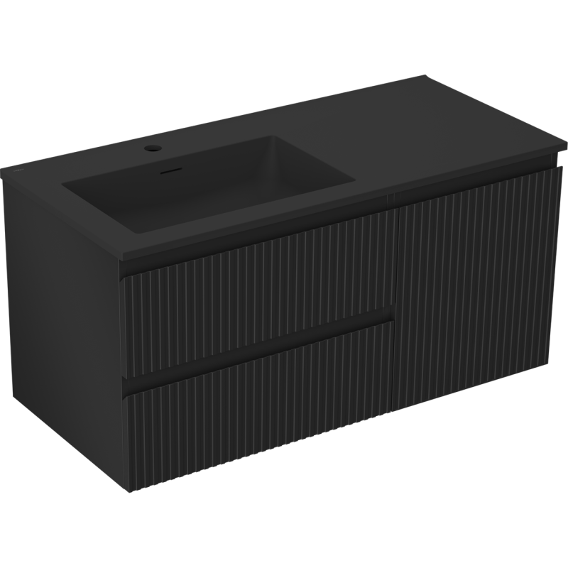 Mexen Rivel Badezimmerschrank 100 cm mit Waschbecken Otis links, 2S, 1D, geriffelt, schwarz matt - 91A23-10047-3-BBFFF71-W18L71