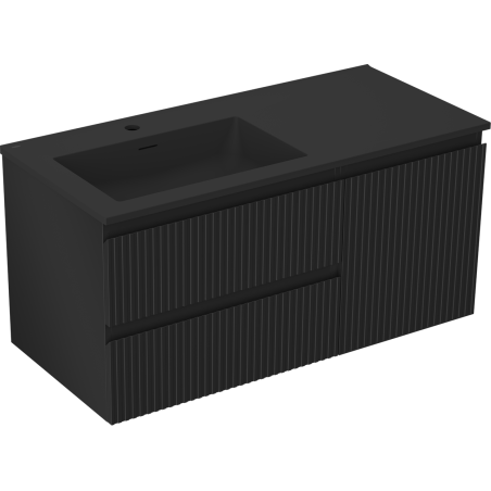 Mexen Rivel Badezimmerschrank 100 cm mit Waschbecken Otis links, 2S, 1D, geriffelt, schwarz matt - 91A23-10047-3-BBFFF71-W18L71