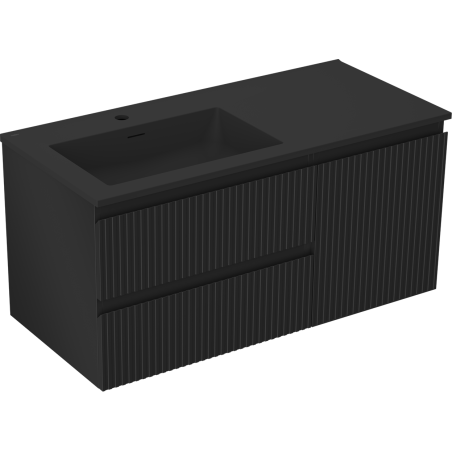 Mexen Rivel Badezimmerschrank 100 cm mit Waschbecken Otis links, 2S, 1T, geriffelt, schwarz matt - 91A23-10047-3-BBFFF71-W18L71