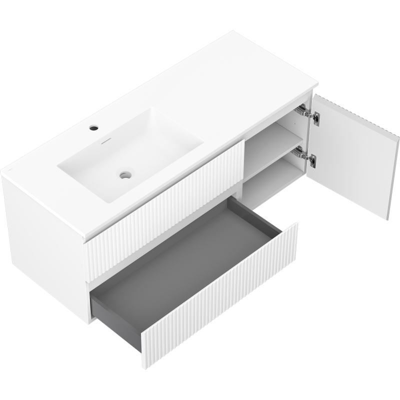 Mexen Rivel Badezimmerschrank 120 cm mit Otis Waschbecken links, 2S, 1D, geriffelt, weiß matt - 91A23-12047-3-BBFFF01-W18L01