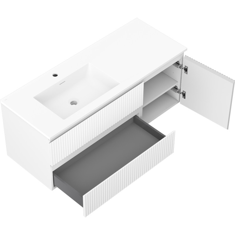 Mexen Rivel Badezimmerschrank 120 cm mit Waschbecken Otis links, 2S, 1T, geriffelt, weiß matt - 91A23-12047-3-BBFFF01-W18L01