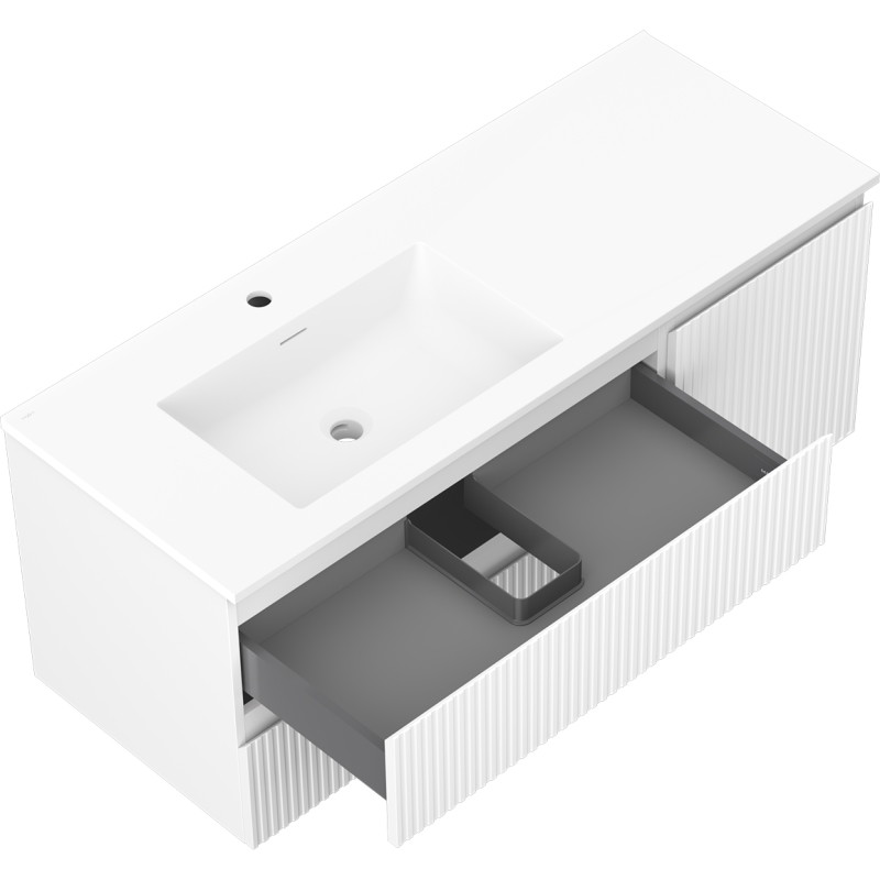 Mexen Rivel Badezimmerschrank 120 cm mit Waschbecken Otis links, 2S, 1T, geriffelt, weiß matt - 91A23-12047-3-BBFFF01-W18L01